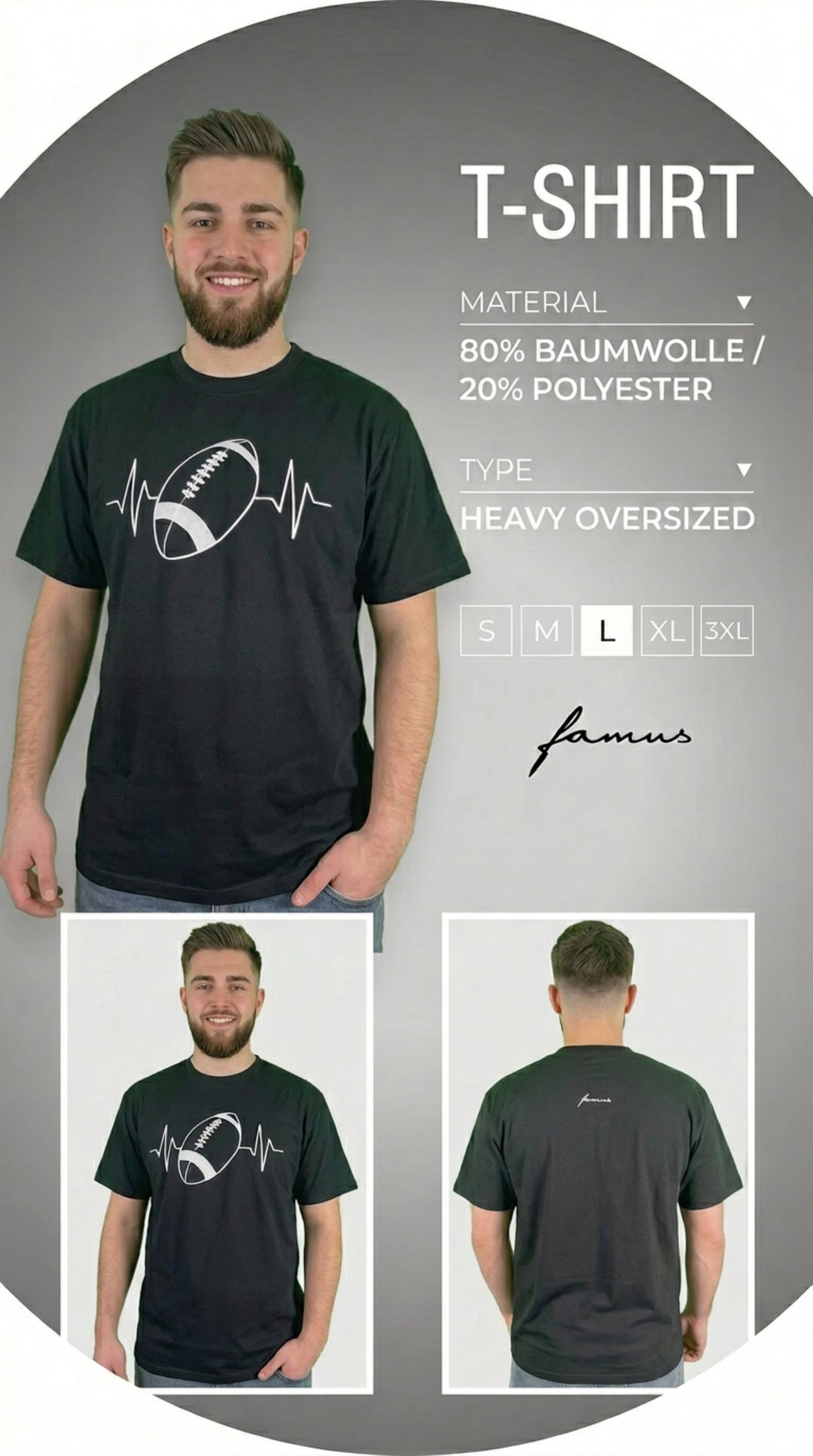American Football Heartbeat - Heavy Oversized T-Shirt
